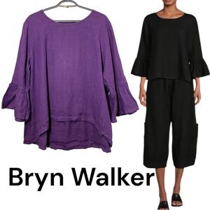 Bryn Walker Fran Basic Linen Round Neck Ruffle Sleeve High-Low Shirt size L